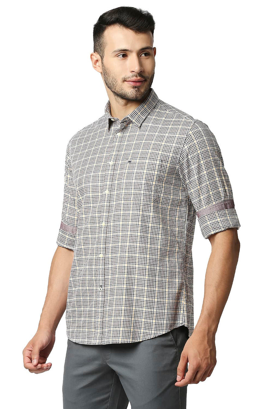 BASICS SLIM FIT CINNAMON BROWN TWILL CHECKS SHIRT