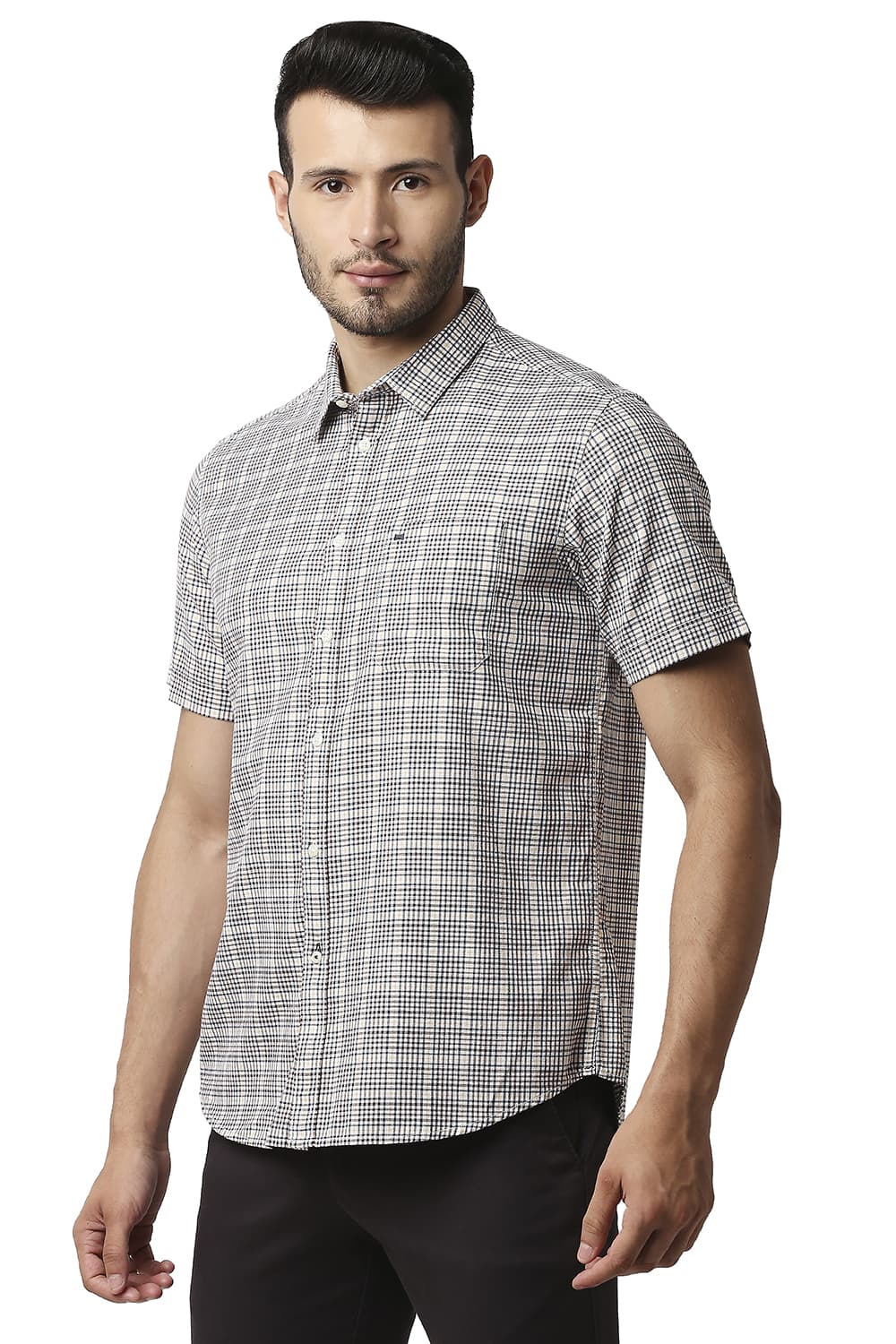 BASICS SLIM FIT TWILL CHECKS HALFSLEEVES SHIRT