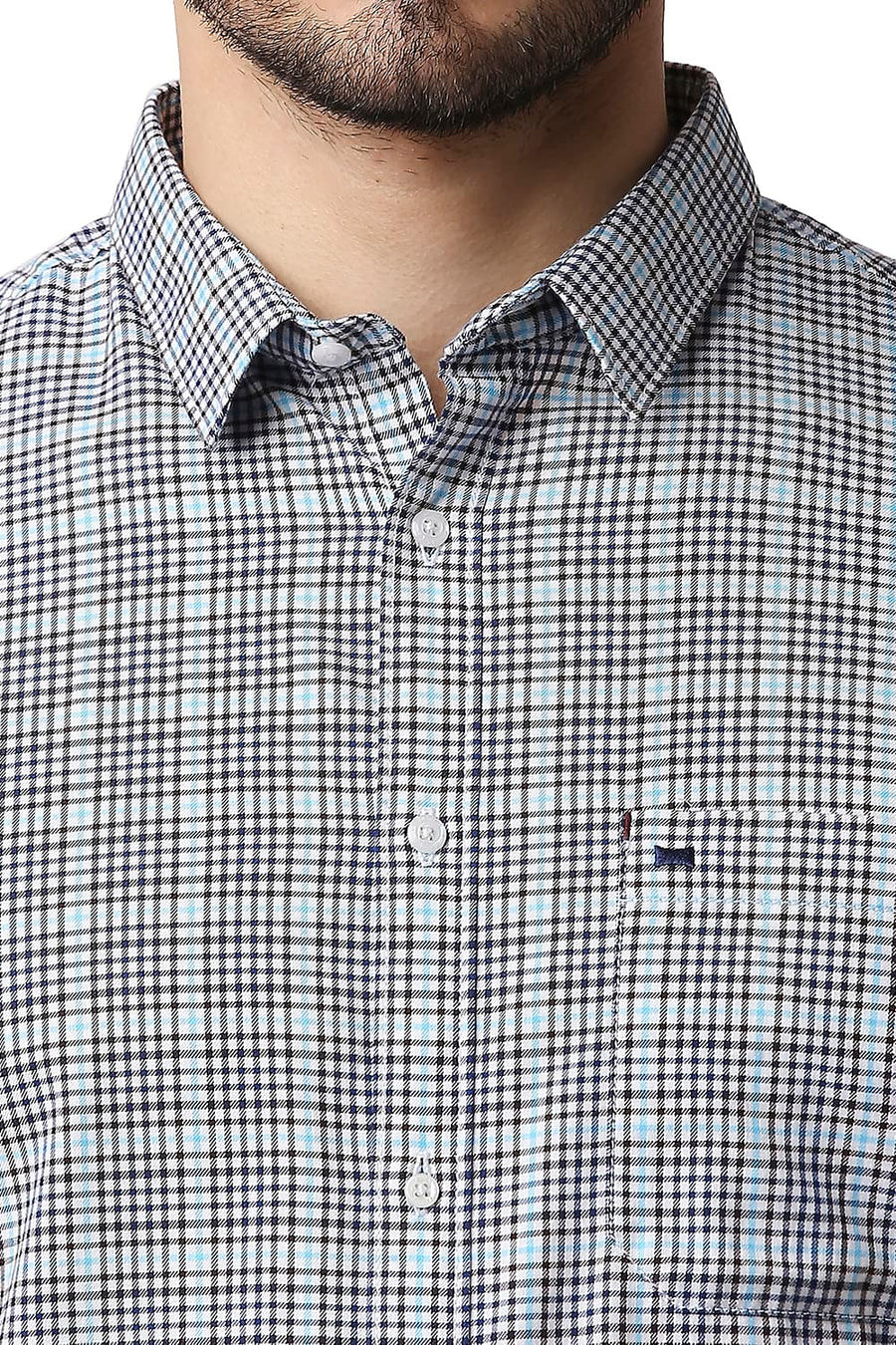 BASICS SLIM FIT MEDIEVAL NAVY TWILL CHECKS SHIRT