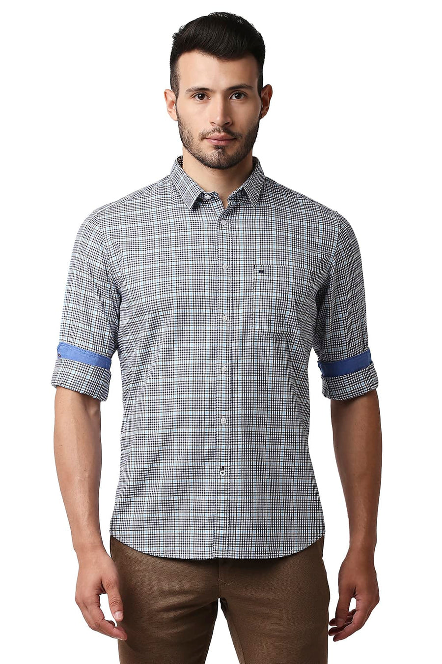 BASICS SLIM FIT MEDIEVAL NAVY TWILL CHECKS SHIRT
