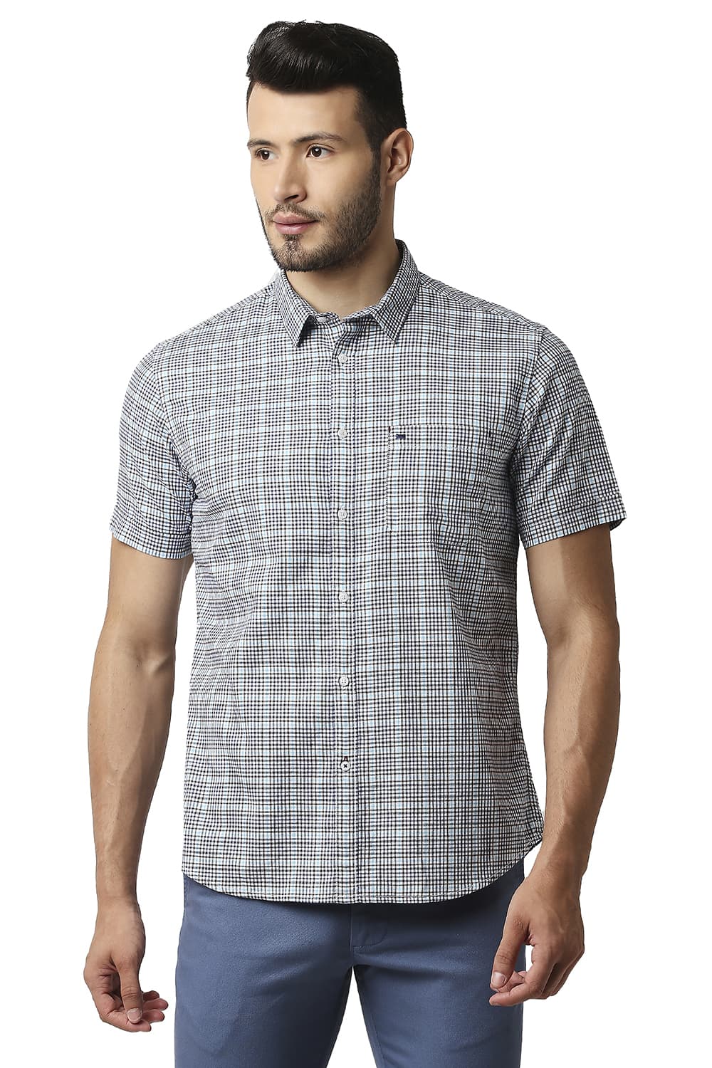 BASICS SLIM FIT TWILL CHECKS HALFSLEEVES SHIRT