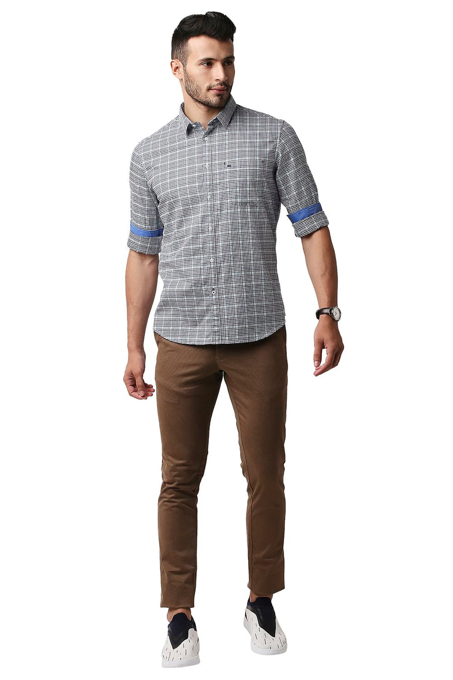 BASICS SLIM FIT MEDIEVAL NAVY TWILL CHECKS SHIRT