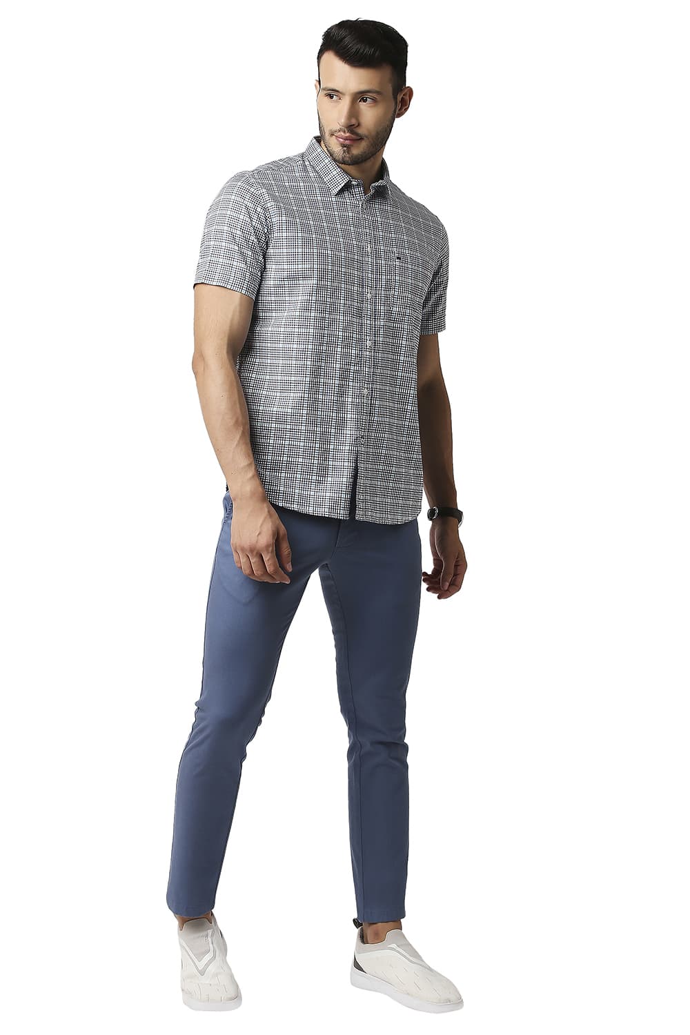 BASICS SLIM FIT TWILL CHECKS HALFSLEEVES SHIRT