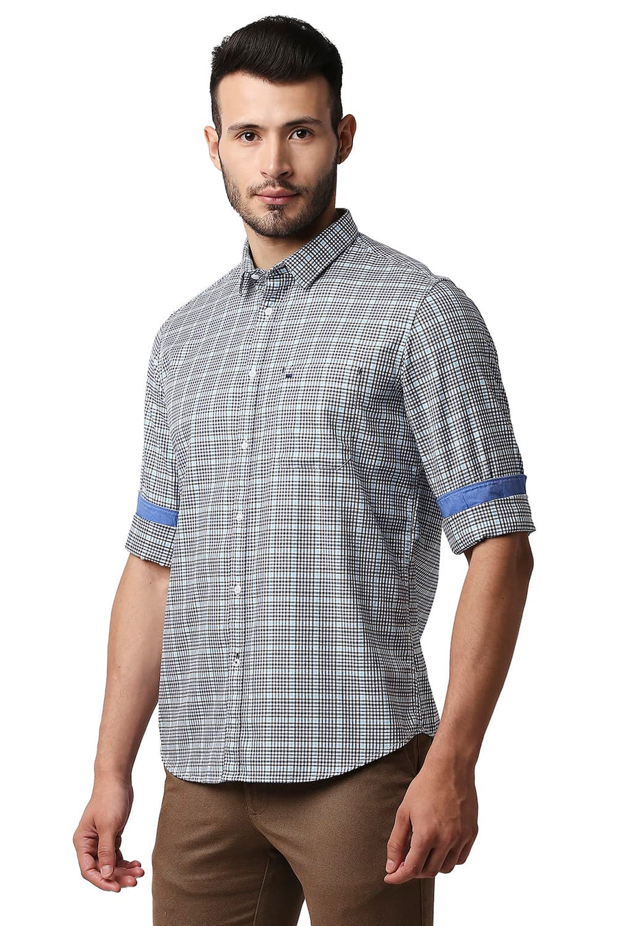 BASICS SLIM FIT MEDIEVAL NAVY TWILL CHECKS SHIRT