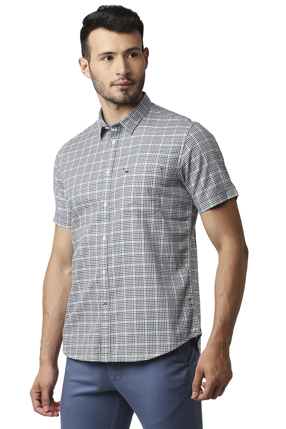 BASICS SLIM FIT TWILL CHECKS HALFSLEEVES SHIRT