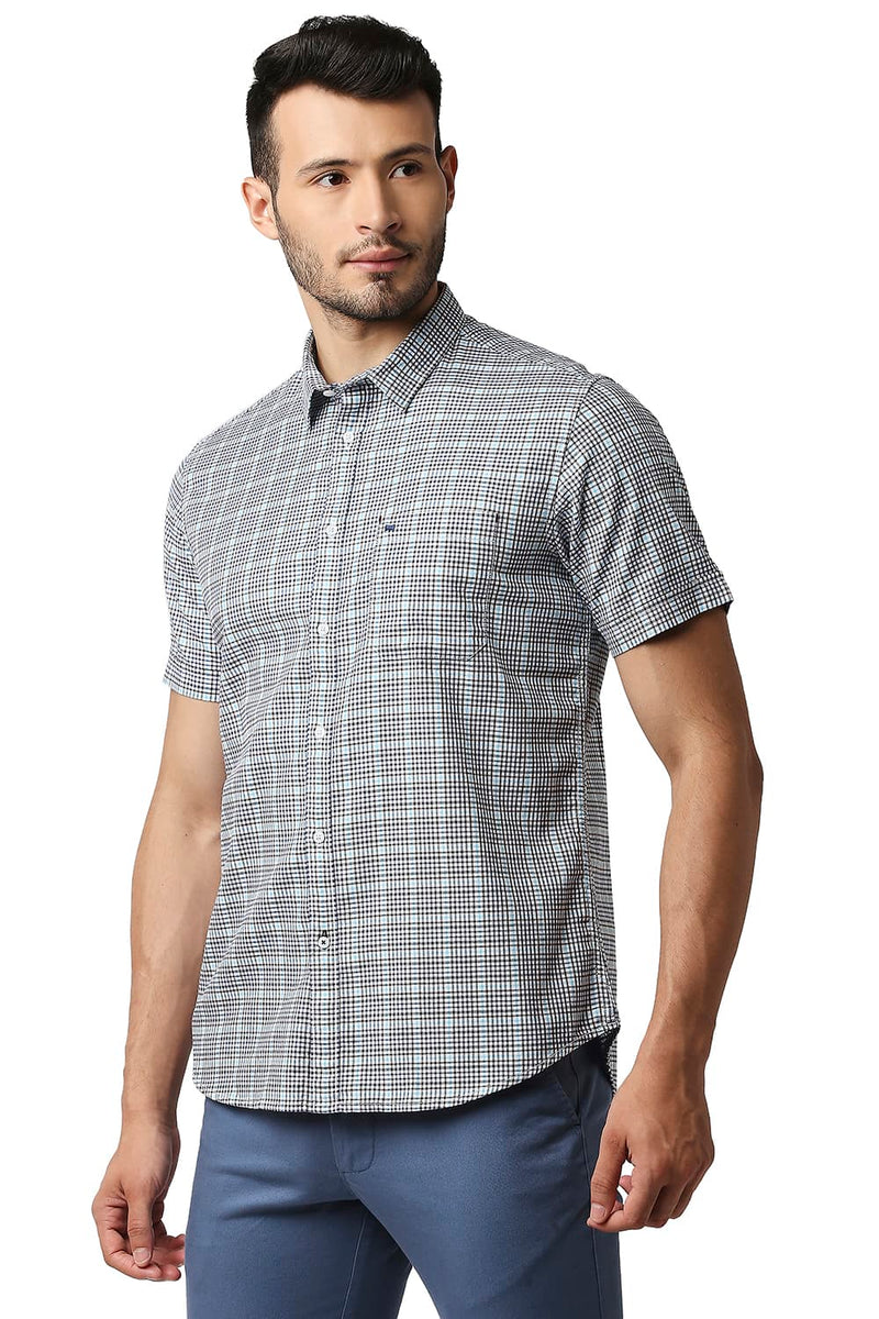 BASICS SLIM FIT TWILL CHECKS HALFSLEEVES SHIRT