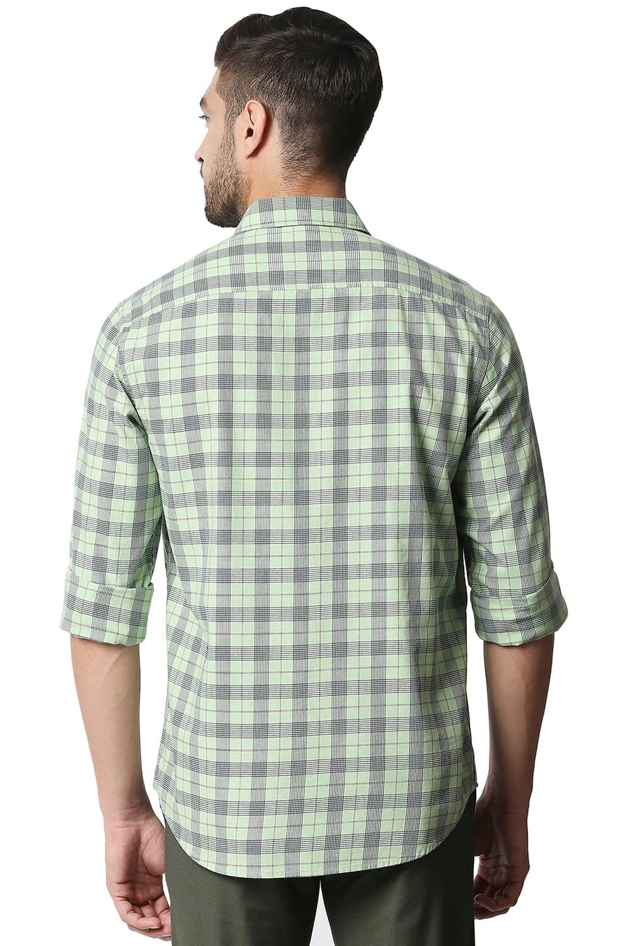 BASICS SLIM FIT OPALINE GREEN TWILL CHECKS SHIRT SHIRT