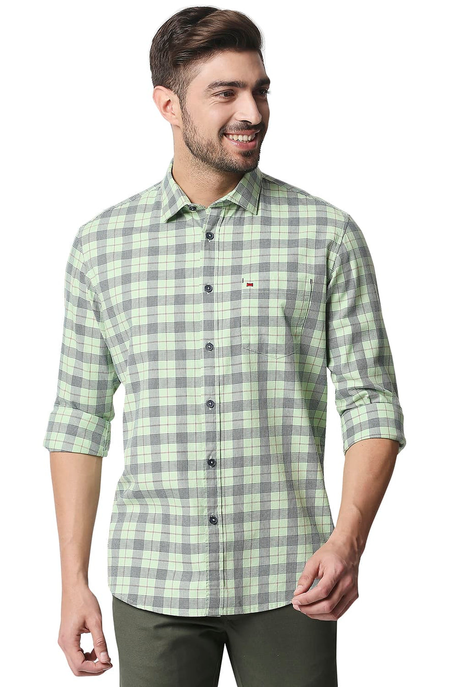 BASICS SLIM FIT OPALINE GREEN TWILL CHECKS SHIRT SHIRT