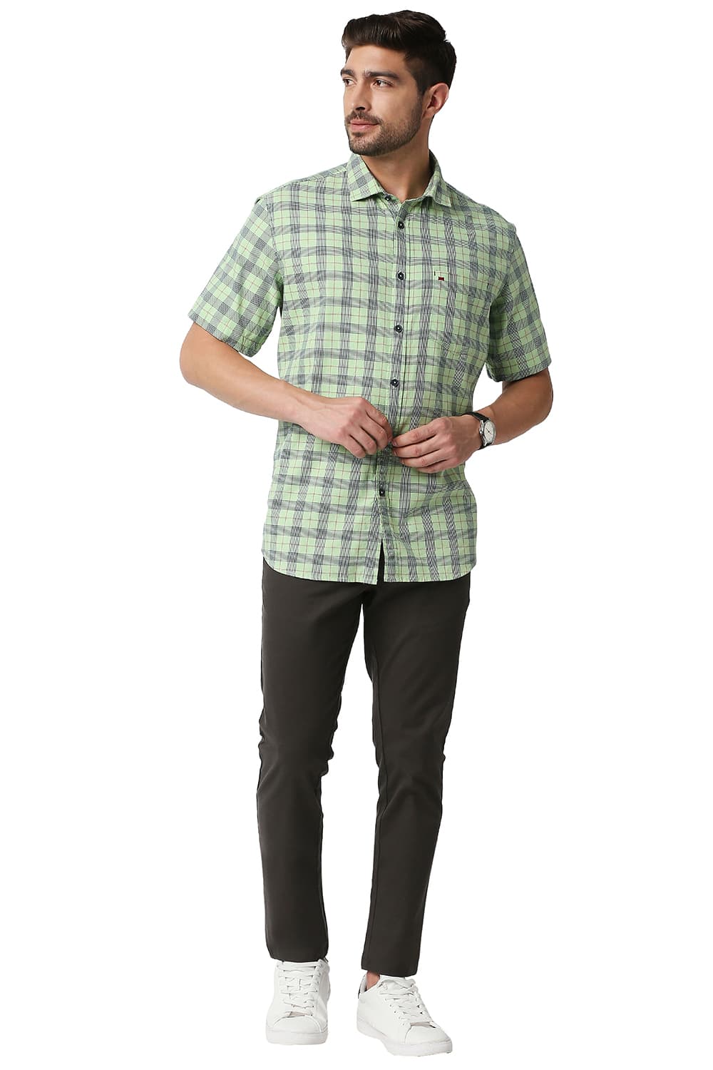 BASICS SLIM FIT TWILL CHECKS HALFSLEEVES SHIRT HALFSLEEVES SHIRT