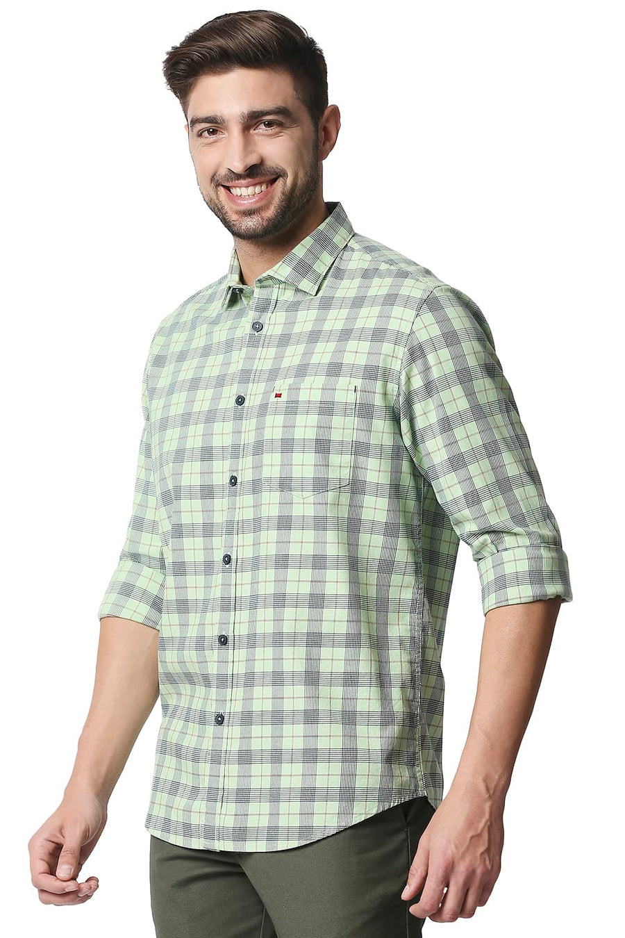 BASICS SLIM FIT OPALINE GREEN TWILL CHECKS SHIRT SHIRT