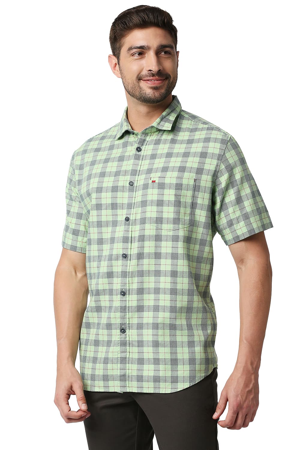 BASICS SLIM FIT TWILL CHECKS HALFSLEEVES SHIRT HALFSLEEVES SHIRT