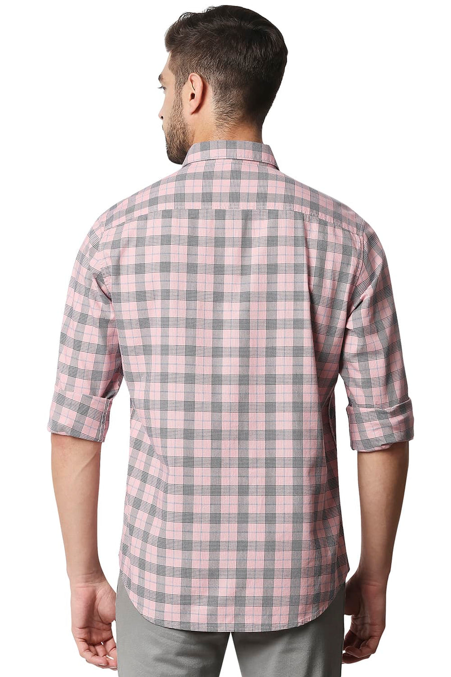 BASICS SLIM FIT CONCH PINK TWILL CHECKS SHIRT SHIRT