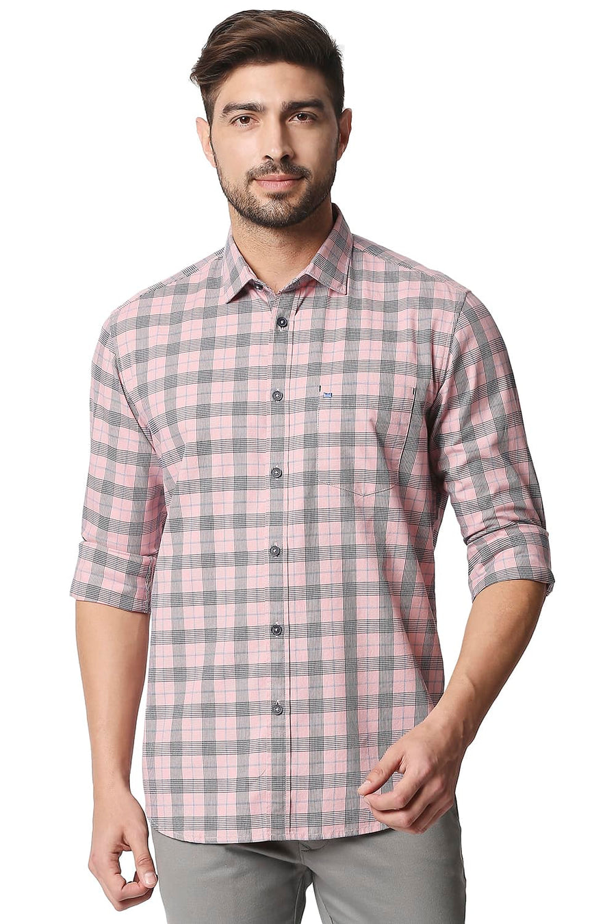 BASICS SLIM FIT CONCH PINK TWILL CHECKS SHIRT SHIRT