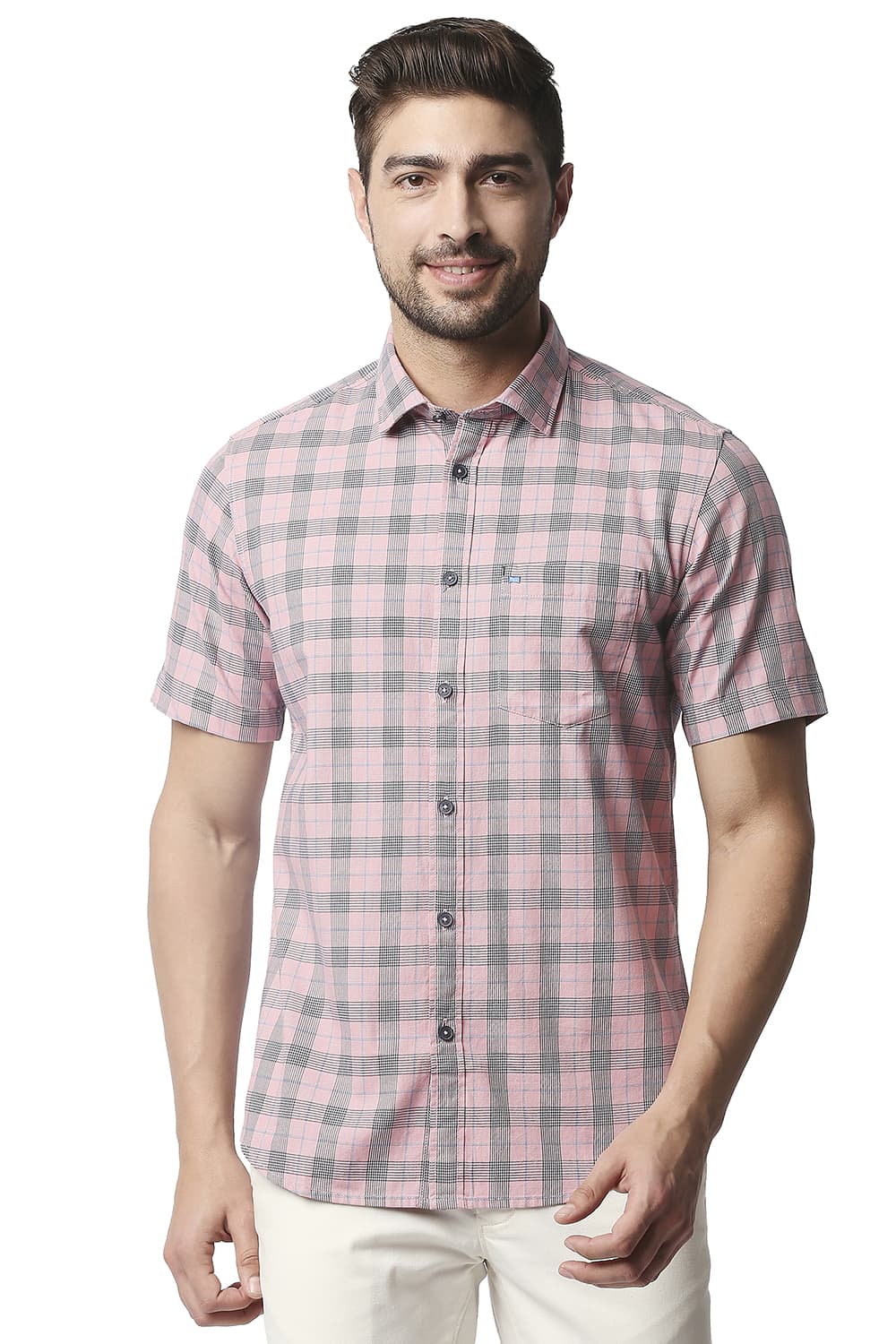 BASICS SLIM FIT TWILL CHECKS HALFSLEEVES SHIRT HALFSLEEVES SHIRT