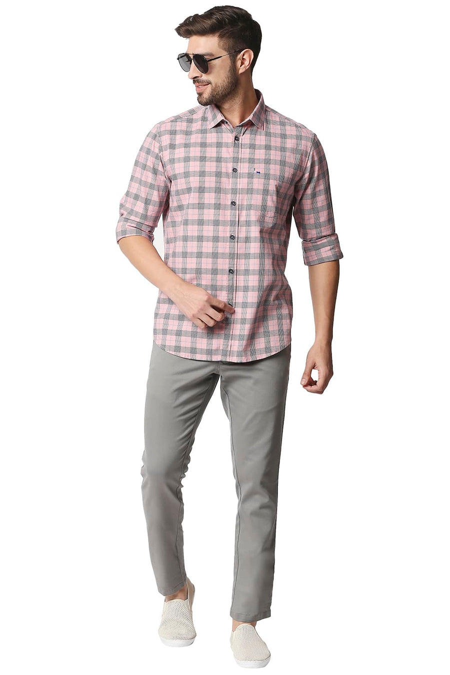 BASICS SLIM FIT CONCH PINK TWILL CHECKS SHIRT SHIRT
