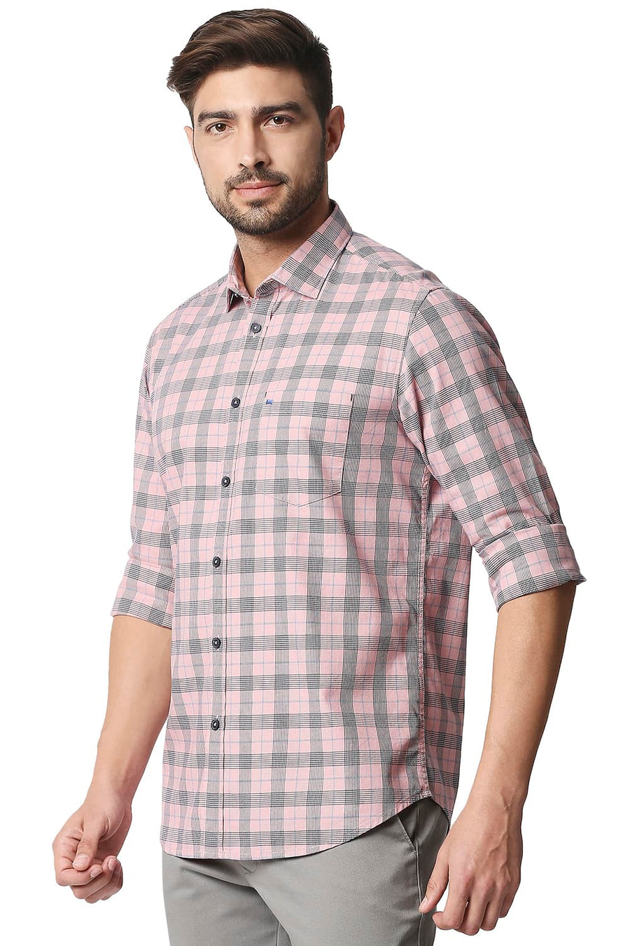 BASICS SLIM FIT CONCH PINK TWILL CHECKS SHIRT SHIRT