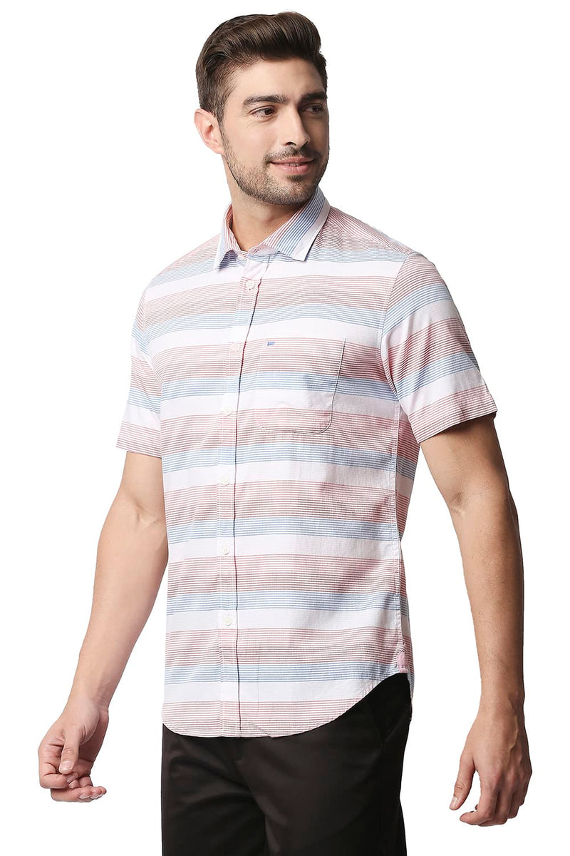 BASICS SLIM FIT TWILL WEFT STRIPE HALFSLEEVES SHIRT