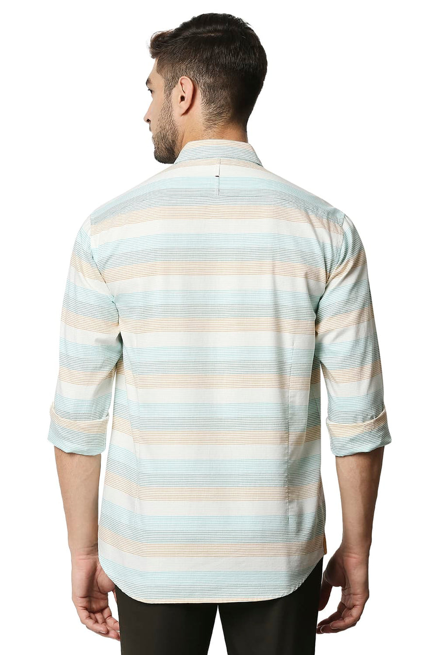 BASICS SLIM FIT DUSTY GREEN TWILL WEFT STRIPE SHIRT