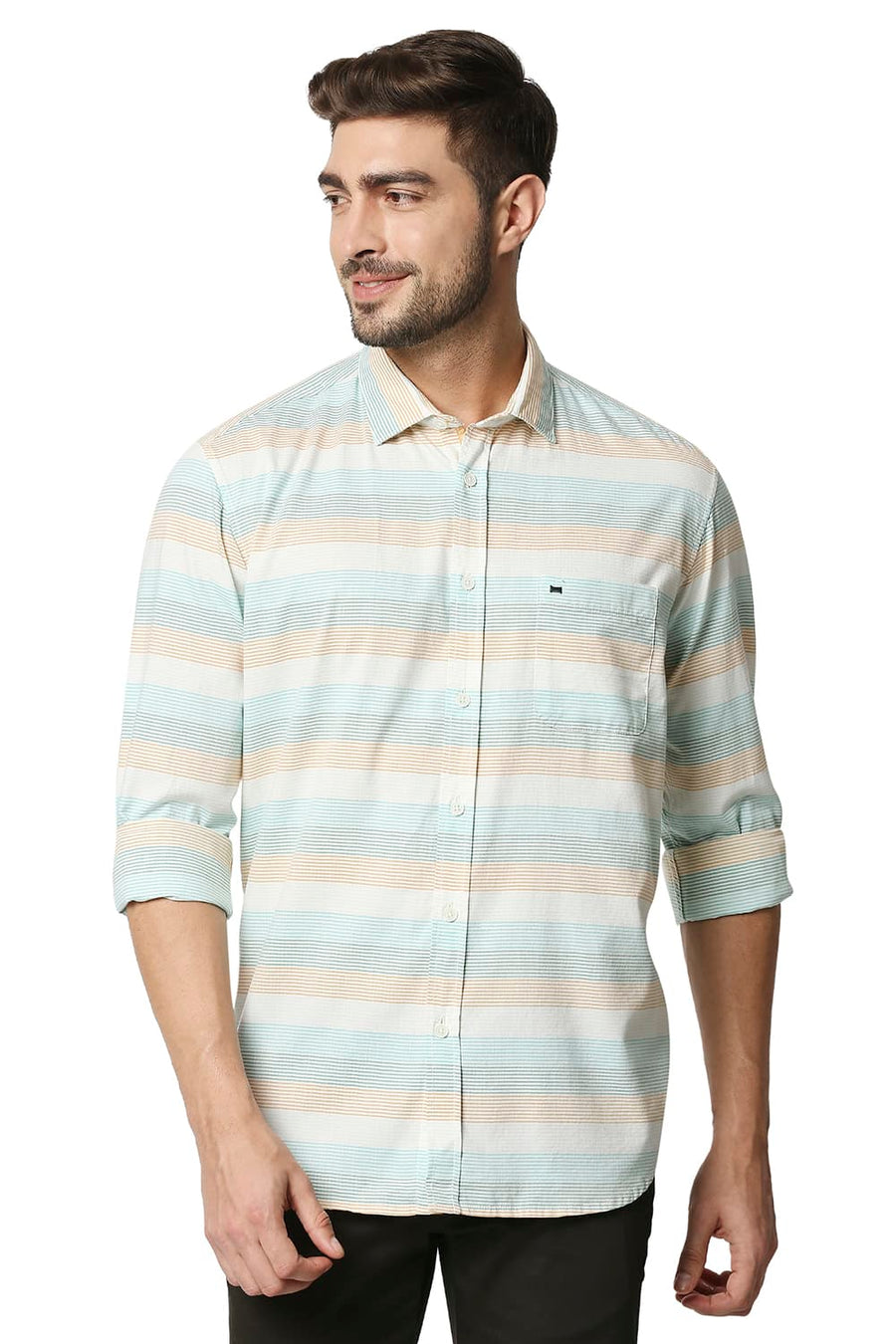 BASICS SLIM FIT DUSTY GREEN TWILL WEFT STRIPE SHIRT