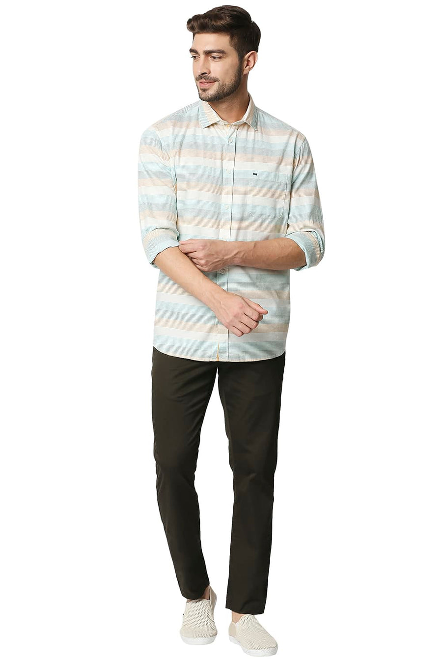 BASICS SLIM FIT DUSTY GREEN TWILL WEFT STRIPE SHIRT