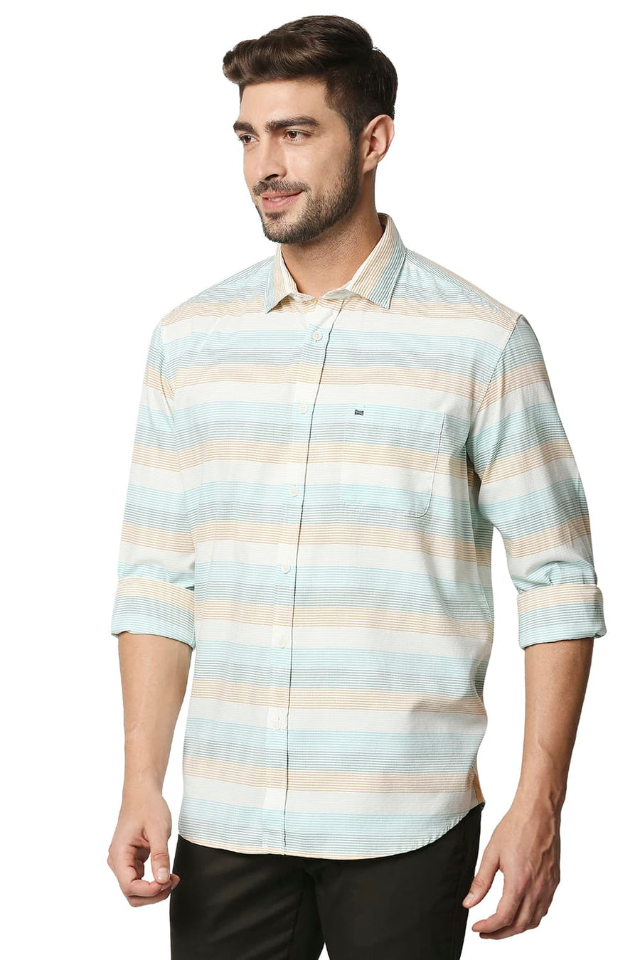 BASICS SLIM FIT DUSTY GREEN TWILL WEFT STRIPE SHIRT