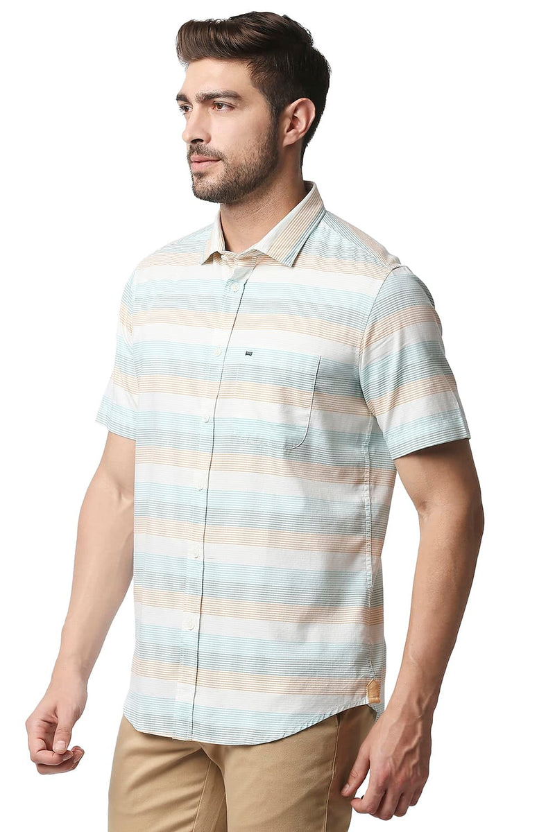 BASICS SLIM FIT TWILL WEFT STRIPE HALFSLEEVES SHIRT