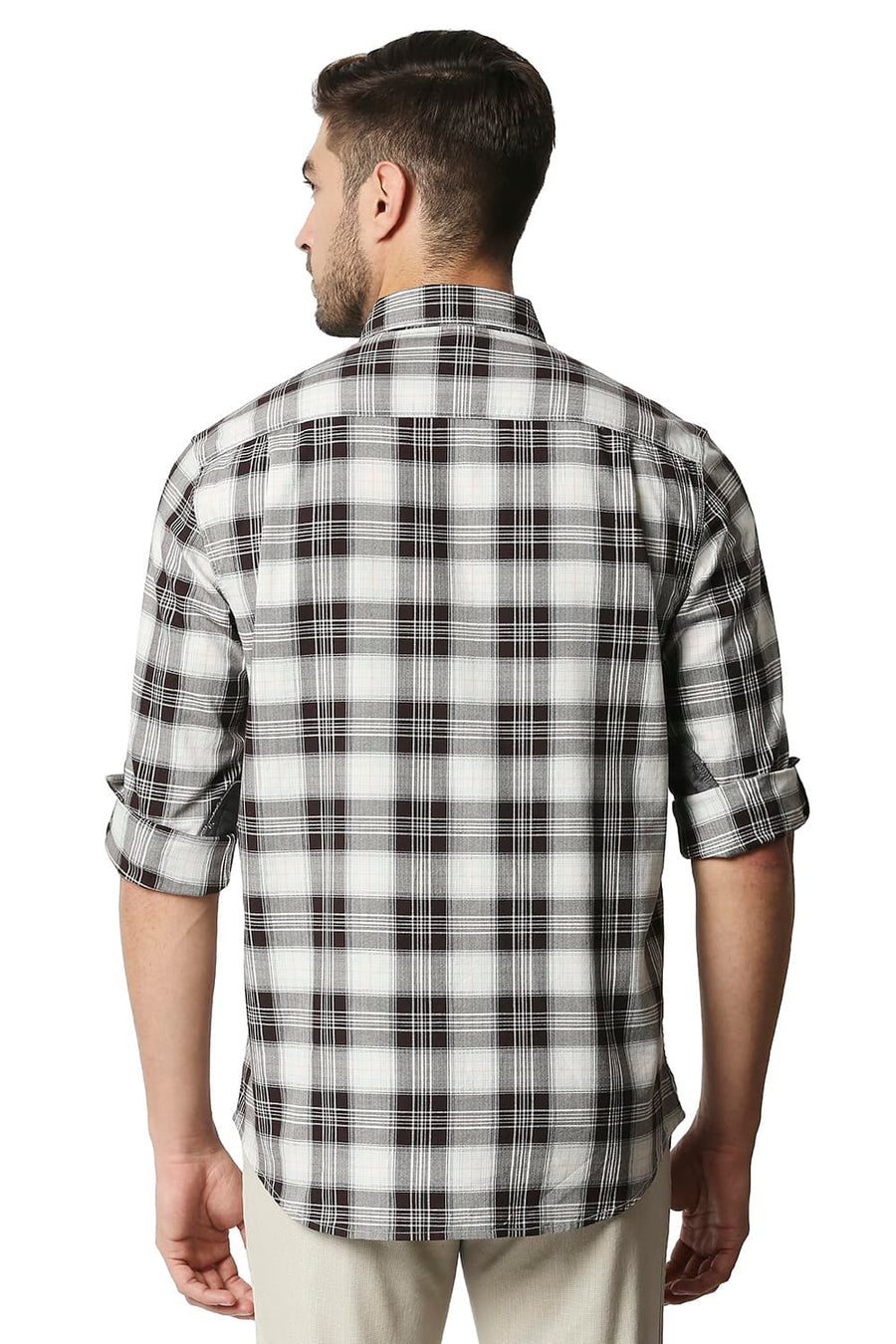 BASICS SLIM FIT MULCH BROWN TWILL CHECKS SHIRT SHIRT