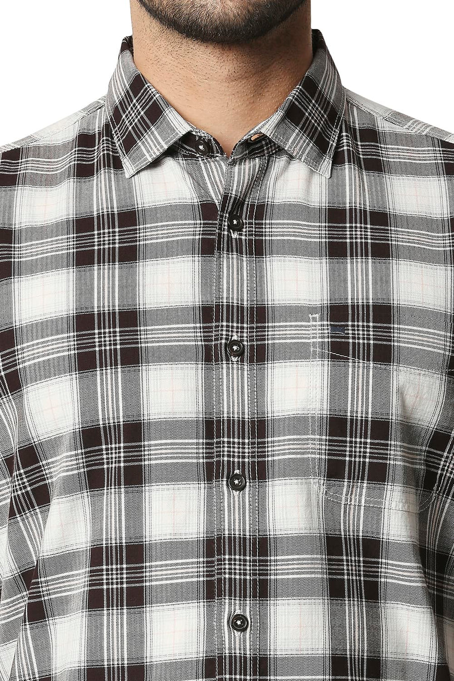 BASICS SLIM FIT MULCH BROWN TWILL CHECKS SHIRT SHIRT