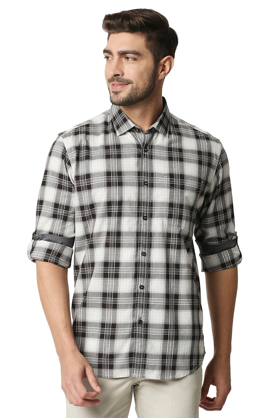 BASICS SLIM FIT MULCH BROWN TWILL CHECKS SHIRT SHIRT