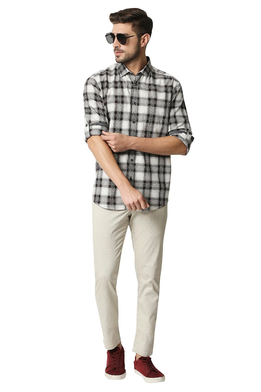 BASICS SLIM FIT MULCH BROWN TWILL CHECKS SHIRT SHIRT