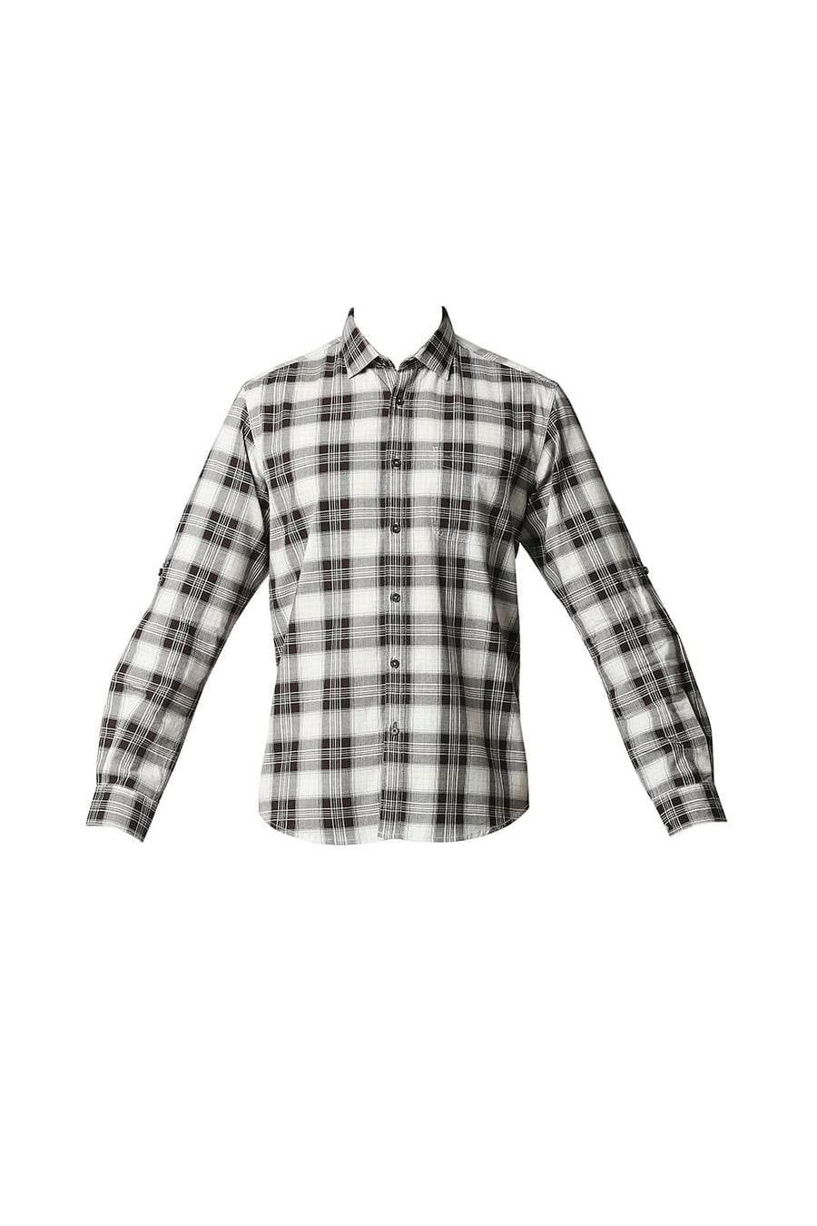 BASICS SLIM FIT MULCH BROWN TWILL CHECKS SHIRT SHIRT