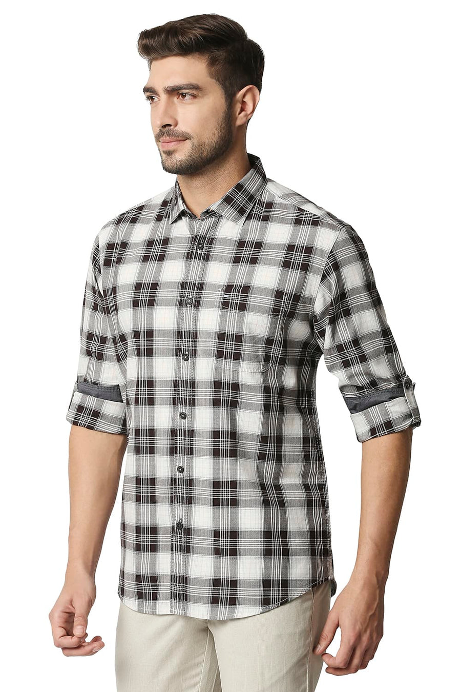 BASICS SLIM FIT MULCH BROWN TWILL CHECKS SHIRT SHIRT
