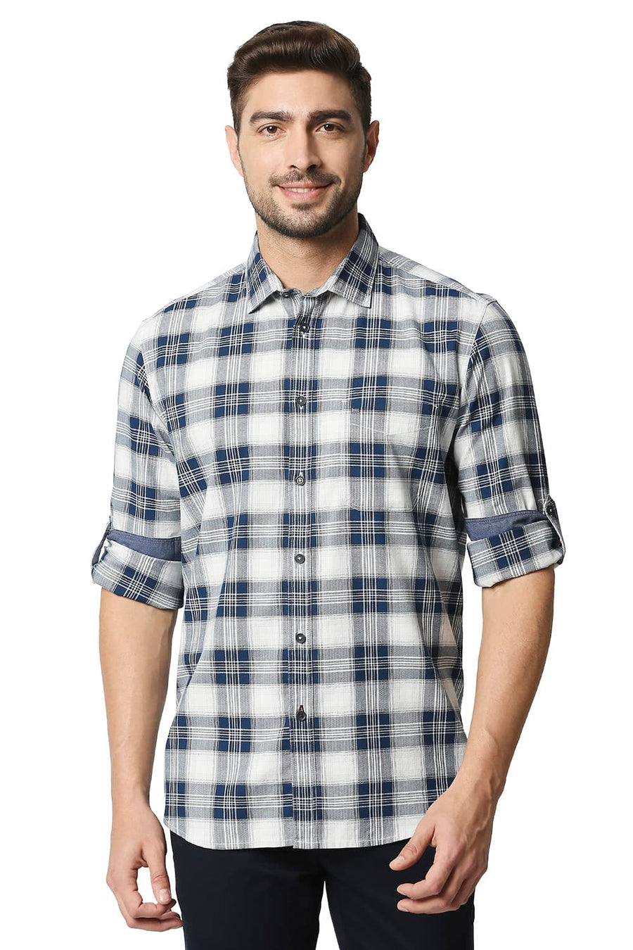 BASICS SLIM FIT POSEIDON NAVY TWILL CHECKS SHIRT SHIRT