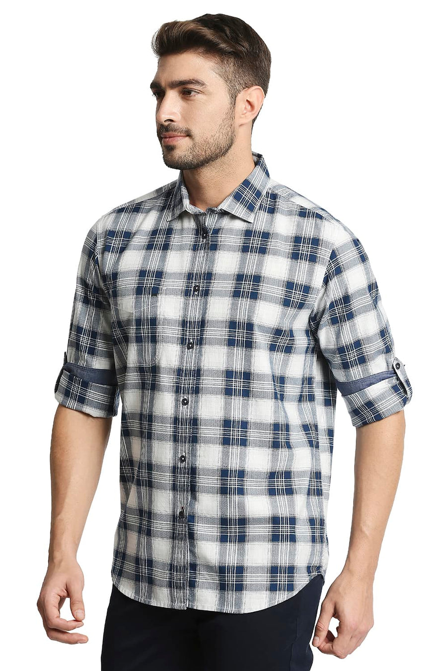 BASICS SLIM FIT POSEIDON NAVY TWILL CHECKS SHIRT SHIRT