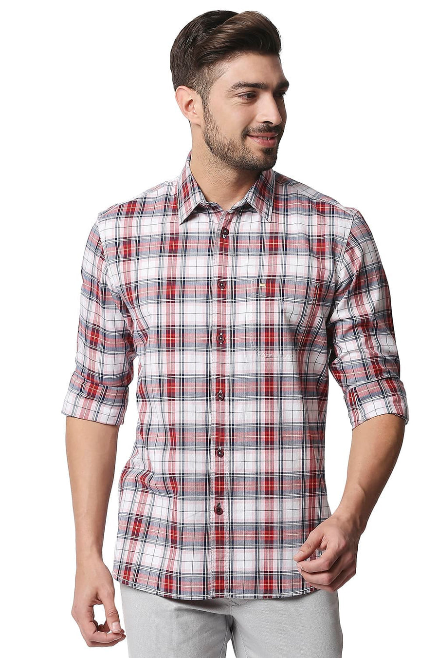 BASICS SLIM FIT HIGH RISK RED TWILL CHECKS SHIRT SHIRT