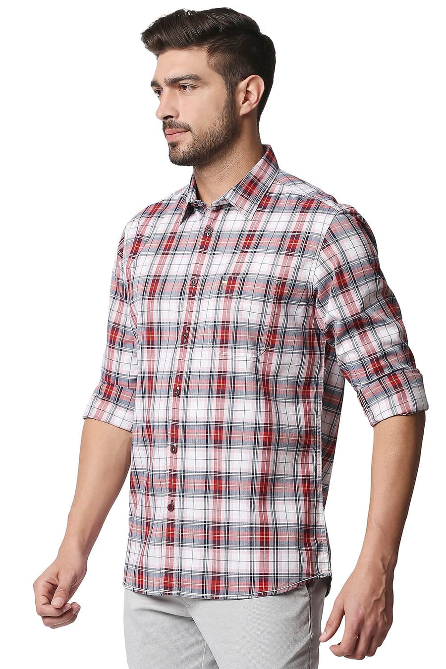 BASICS SLIM FIT HIGH RISK RED TWILL CHECKS SHIRT SHIRT
