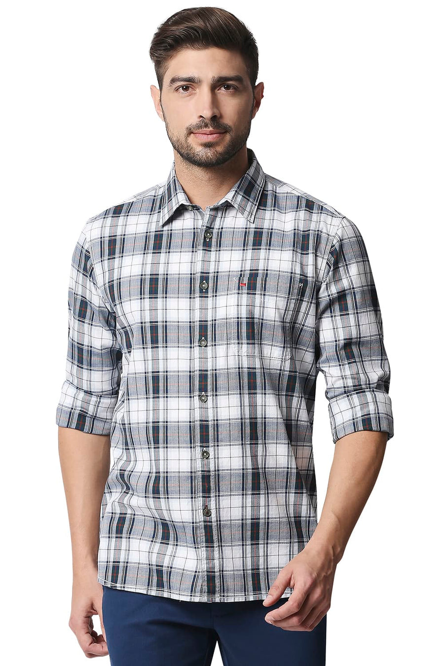 BASICS SLIM FIT MOUTAIN GREEN TWILL CHECKS SHIRT SHIRT