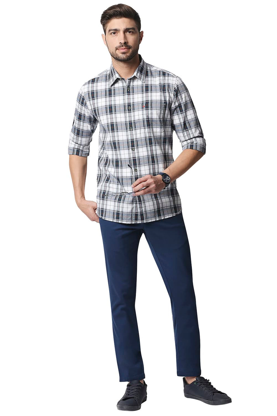BASICS SLIM FIT MOUTAIN GREEN TWILL CHECKS SHIRT SHIRT