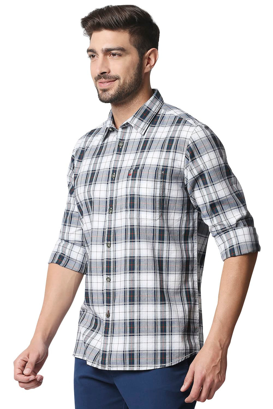 BASICS SLIM FIT MOUTAIN GREEN TWILL CHECKS SHIRT SHIRT