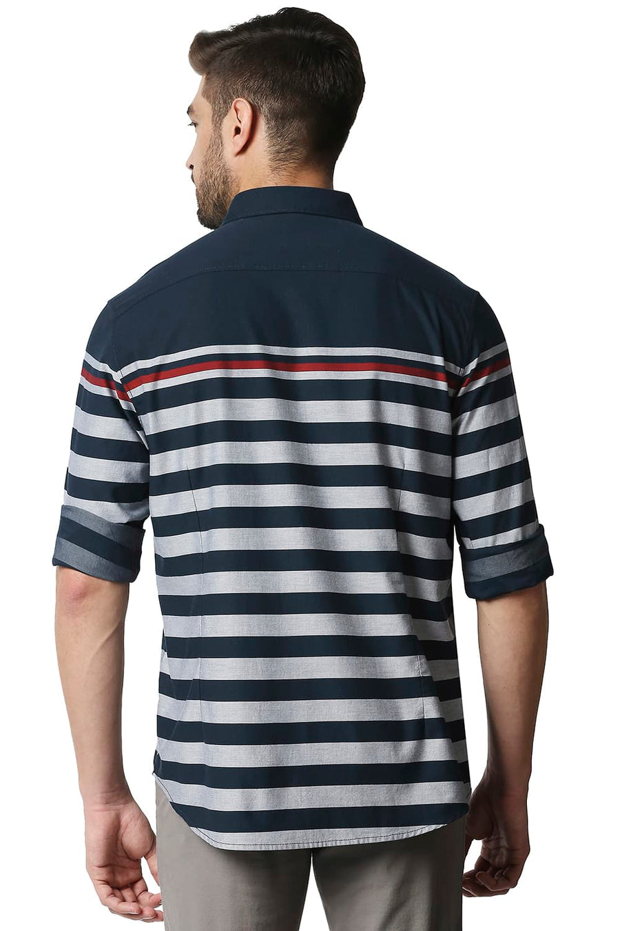 BASICS SLIM FIT REFLECTING POND NAVY TWILL ENG WEFT STRIPE SHIRT