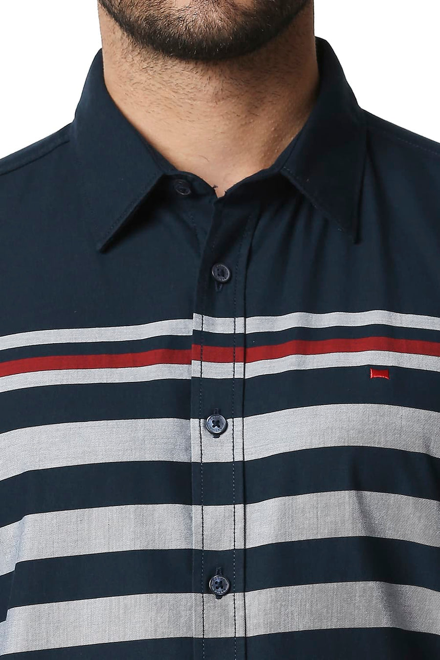 BASICS SLIM FIT REFLECTING POND NAVY TWILL ENG WEFT STRIPE SHIRT