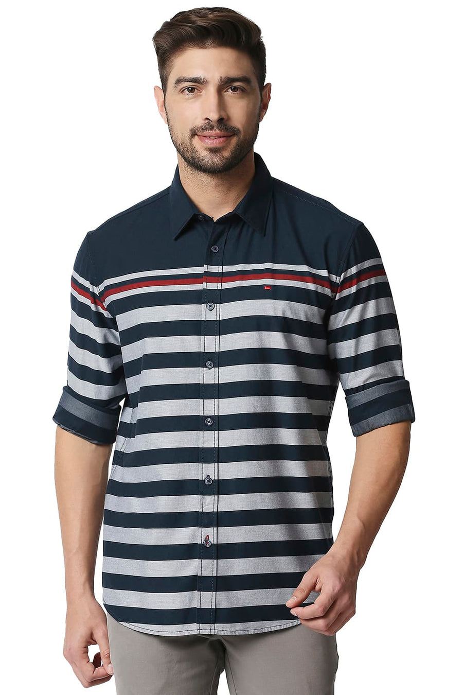 BASICS SLIM FIT REFLECTING POND NAVY TWILL ENG WEFT STRIPE SHIRT
