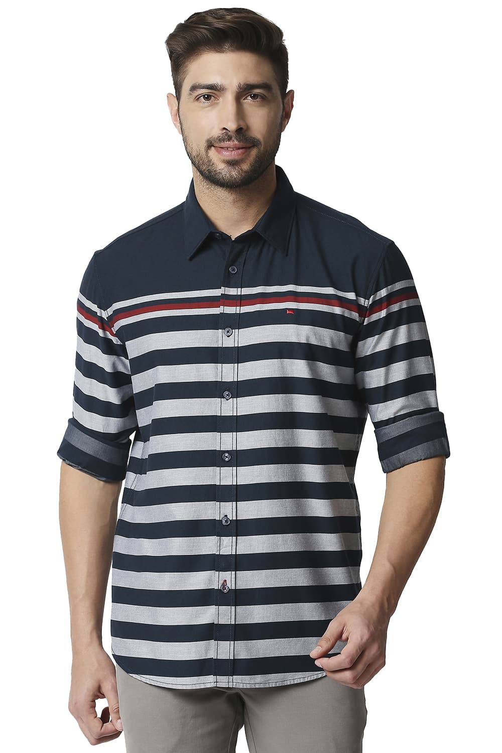 BASICS SLIM FIT TWILL ENG WEFT STRIPE SHIRT