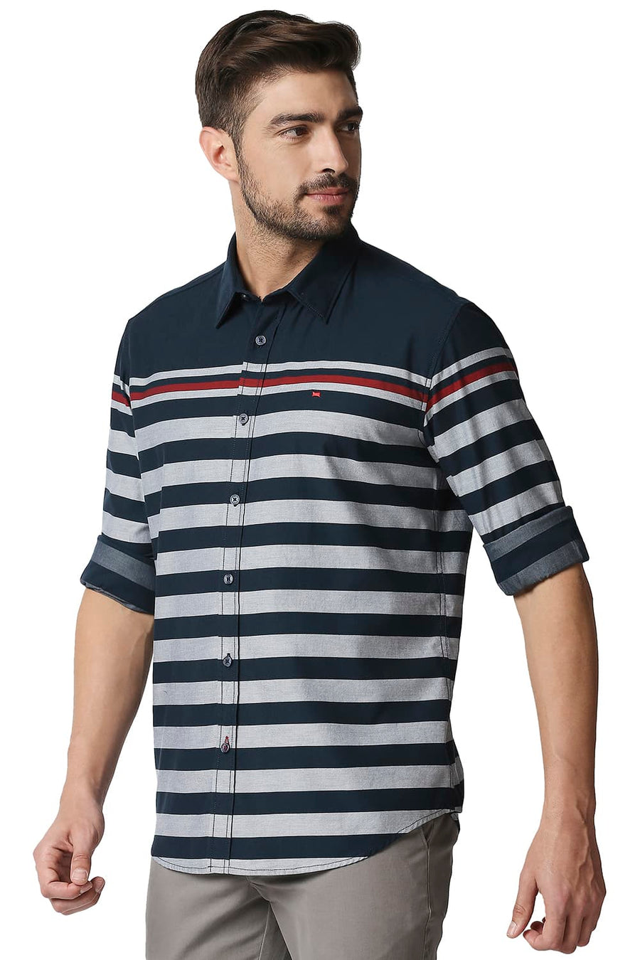 BASICS SLIM FIT REFLECTING POND NAVY TWILL ENG WEFT STRIPE SHIRT