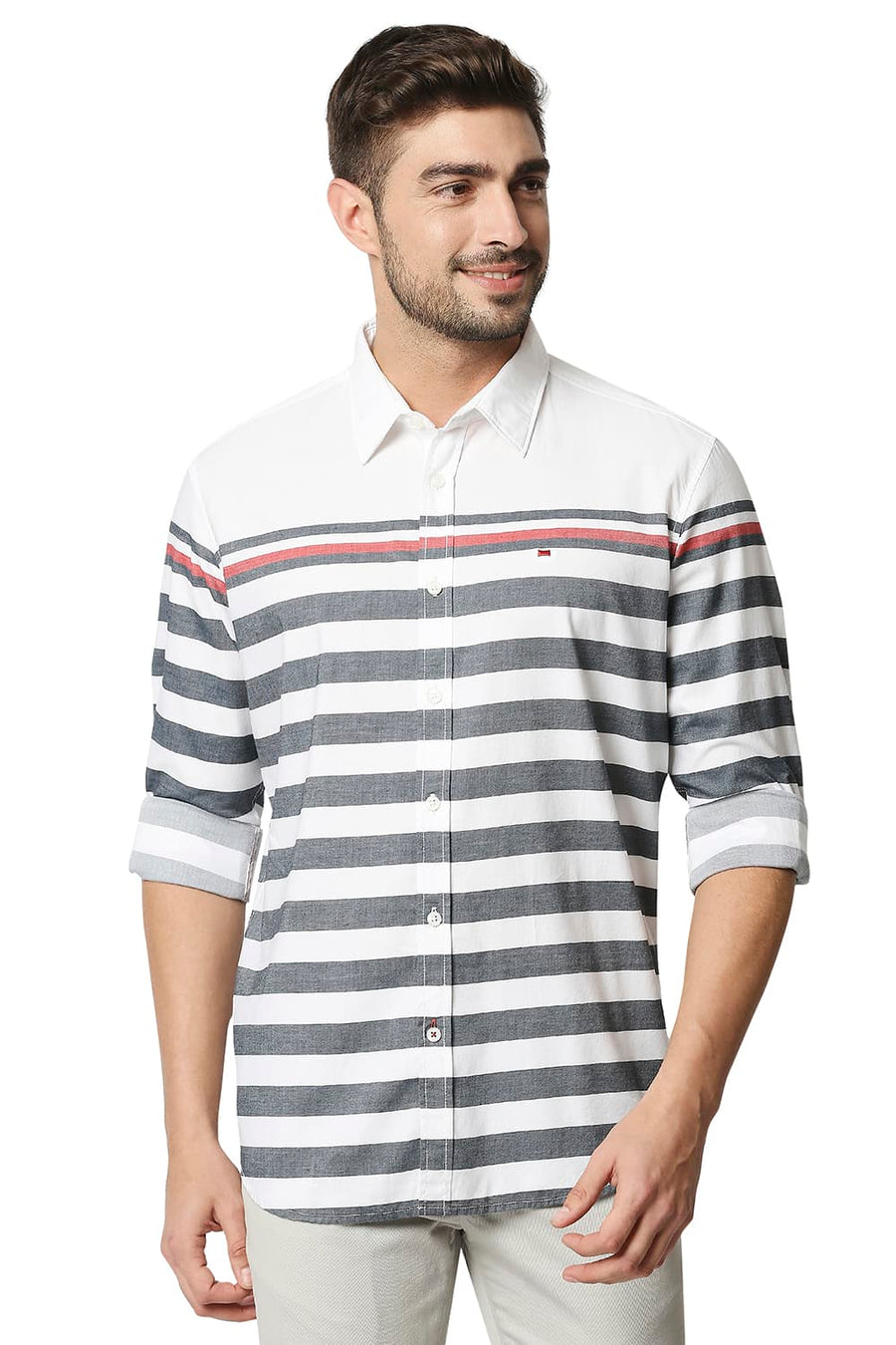 BASICS SLIM FIT BRIGHT WHITE TWILL ENG WEFT STRIPE SHIRT