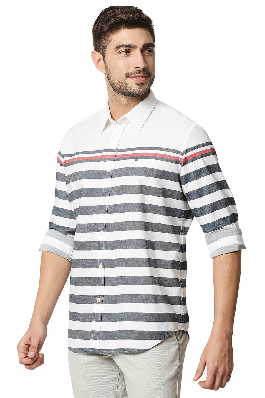 BASICS SLIM FIT BRIGHT WHITE TWILL ENG WEFT STRIPE SHIRT