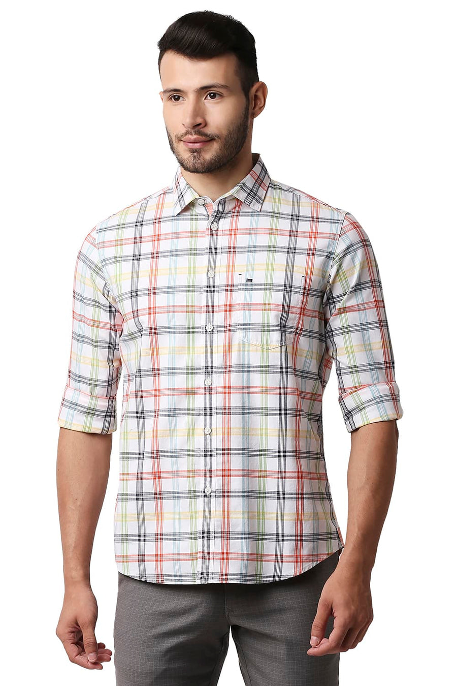 BASICS SLIM FIT WHITE ALYSSUM HERRING BONE TWILL CHECKS SHIRT