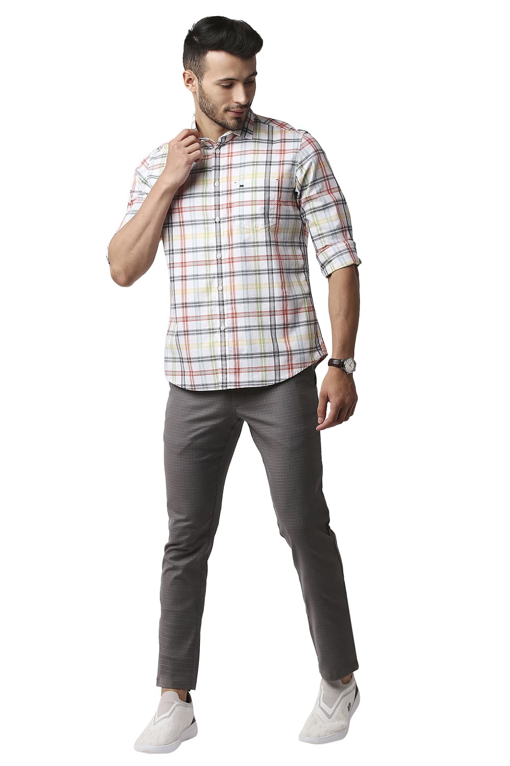 BASICS SLIM FIT HERRING BONE TWILL CHECKS SHIRT