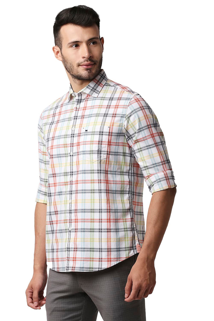 BASICS SLIM FIT WHITE ALYSSUM HERRING BONE TWILL CHECKS SHIRT