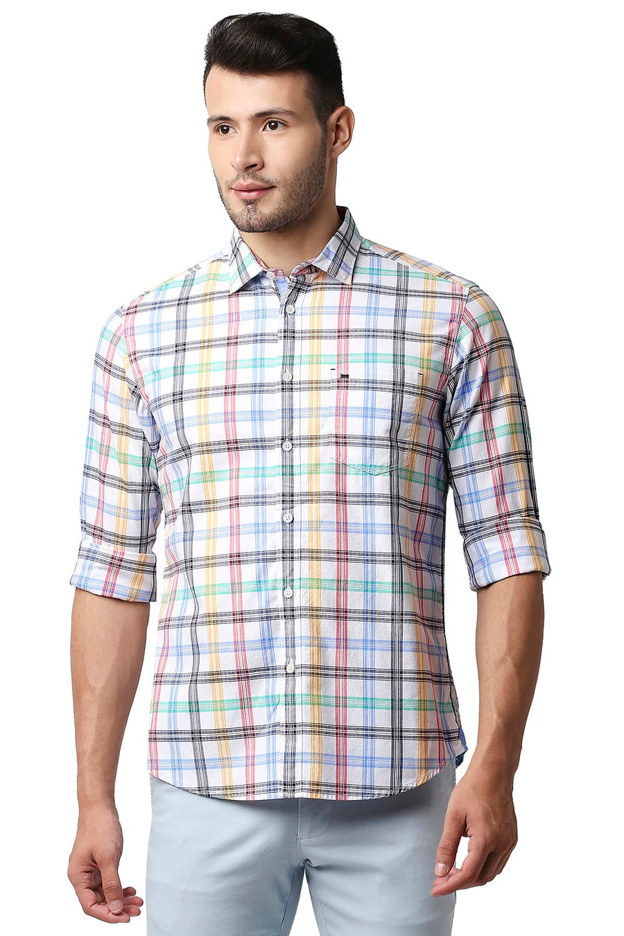 BASICS SLIM FIT WHITE ALYSSUM HERRING BONE TWILL CHECKS SHIRT